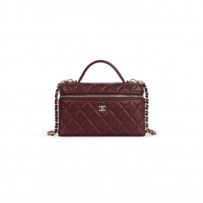 CHANEL TOP HANDLE VANITY WITH CHAIN BURGUNDY CAVIAR  CHAMPAGNE GOLD HARDWARE AP4385 (19*14*5cm)